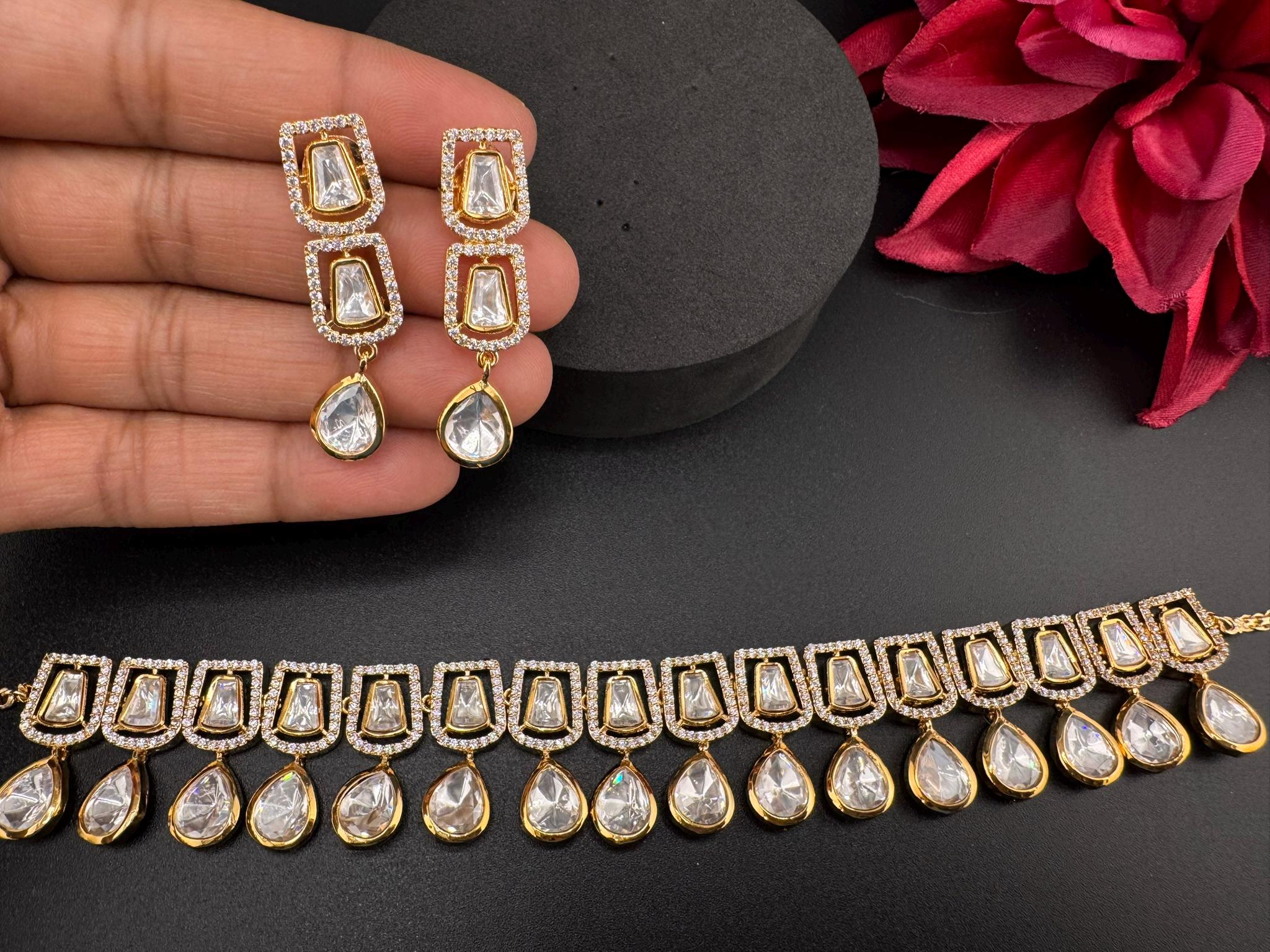 Premium Quality Moissanite Uncut Kundan & CZ is Tyaani Inspired Designer Necklace set with earrings