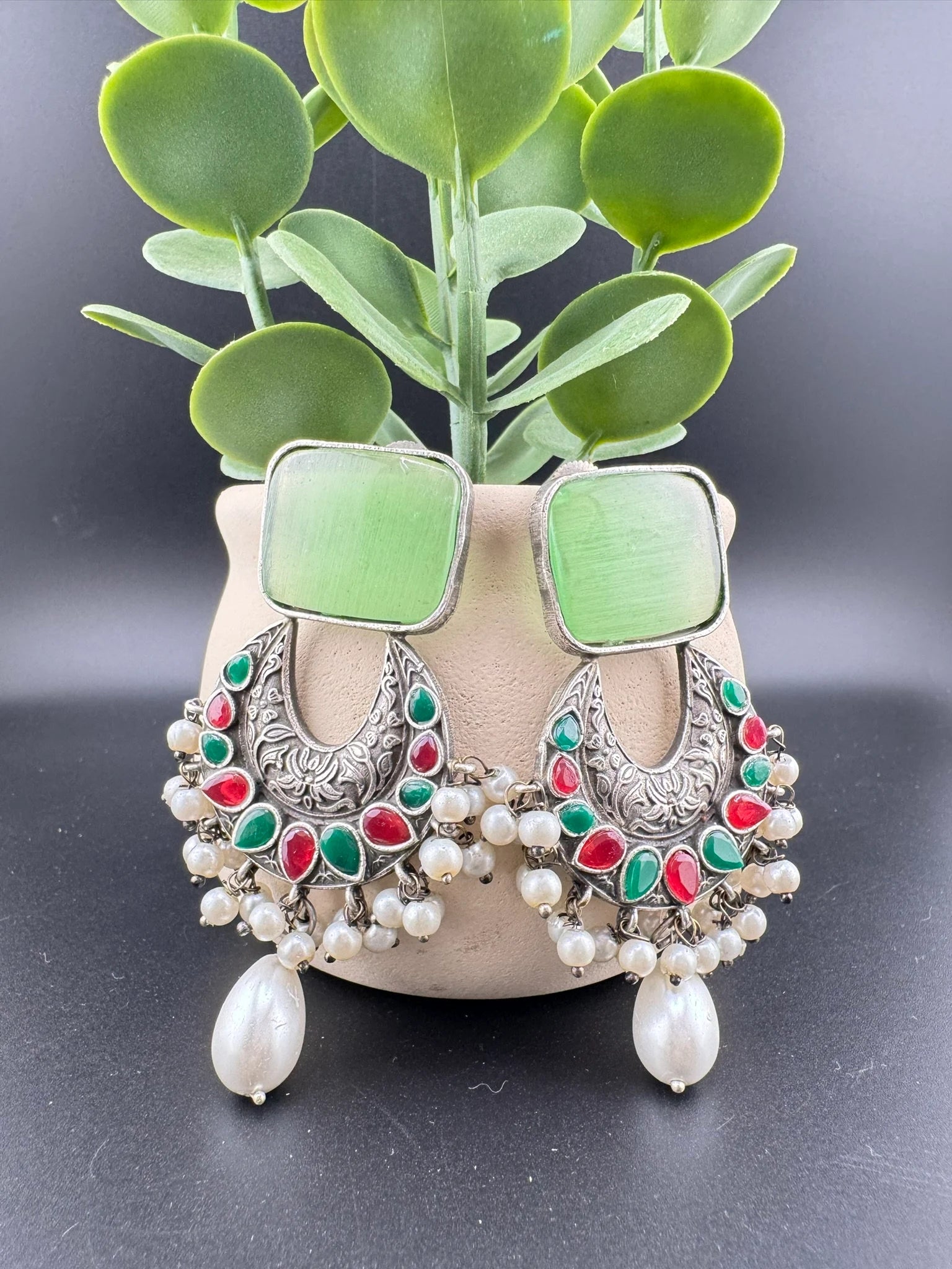 Mint/Light Green German Silver Oxidized chandbali with Monalisa Stone and pearls