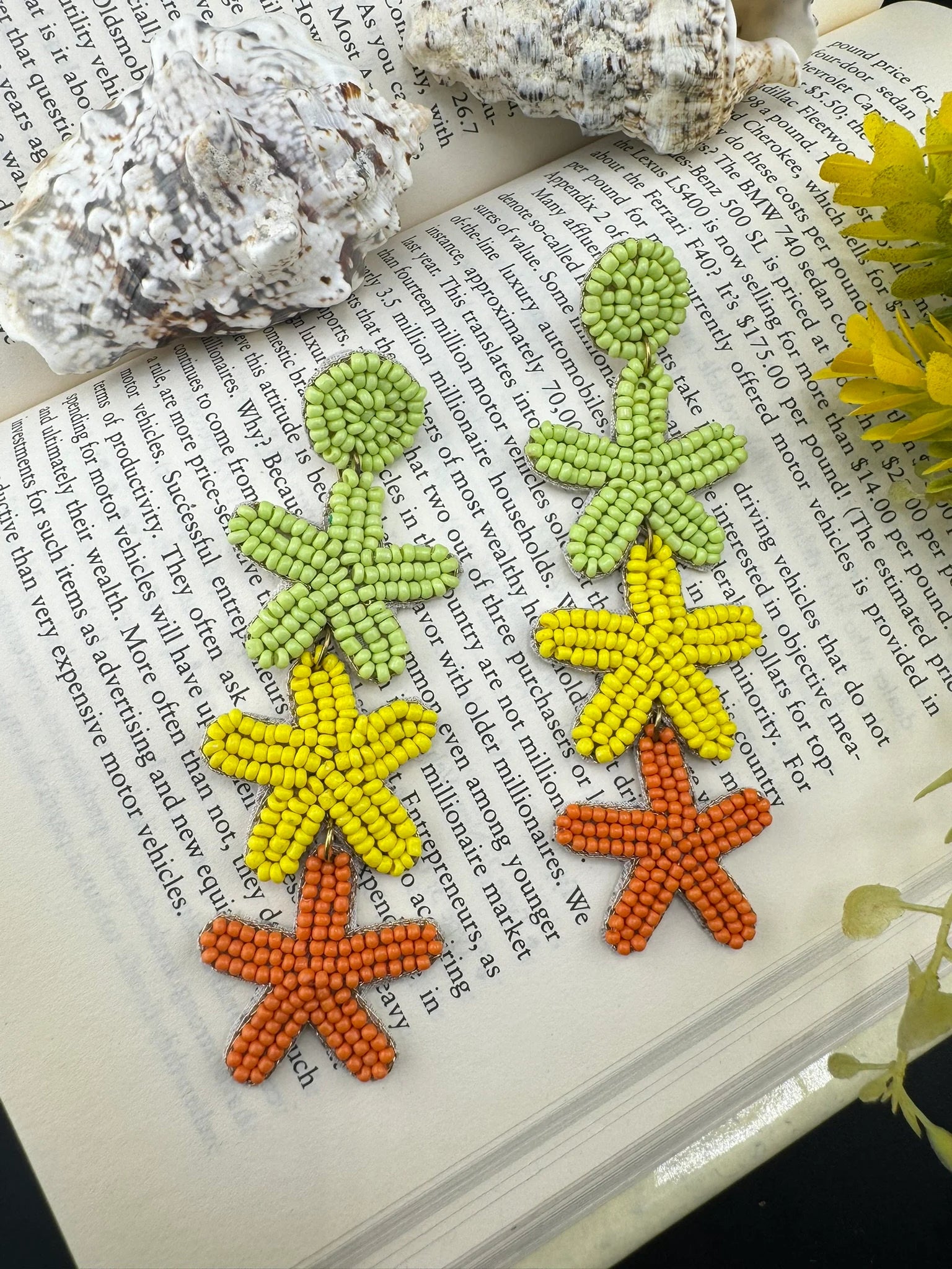 Beaded Multicolor long three star quirky earrings / Handmade earrings