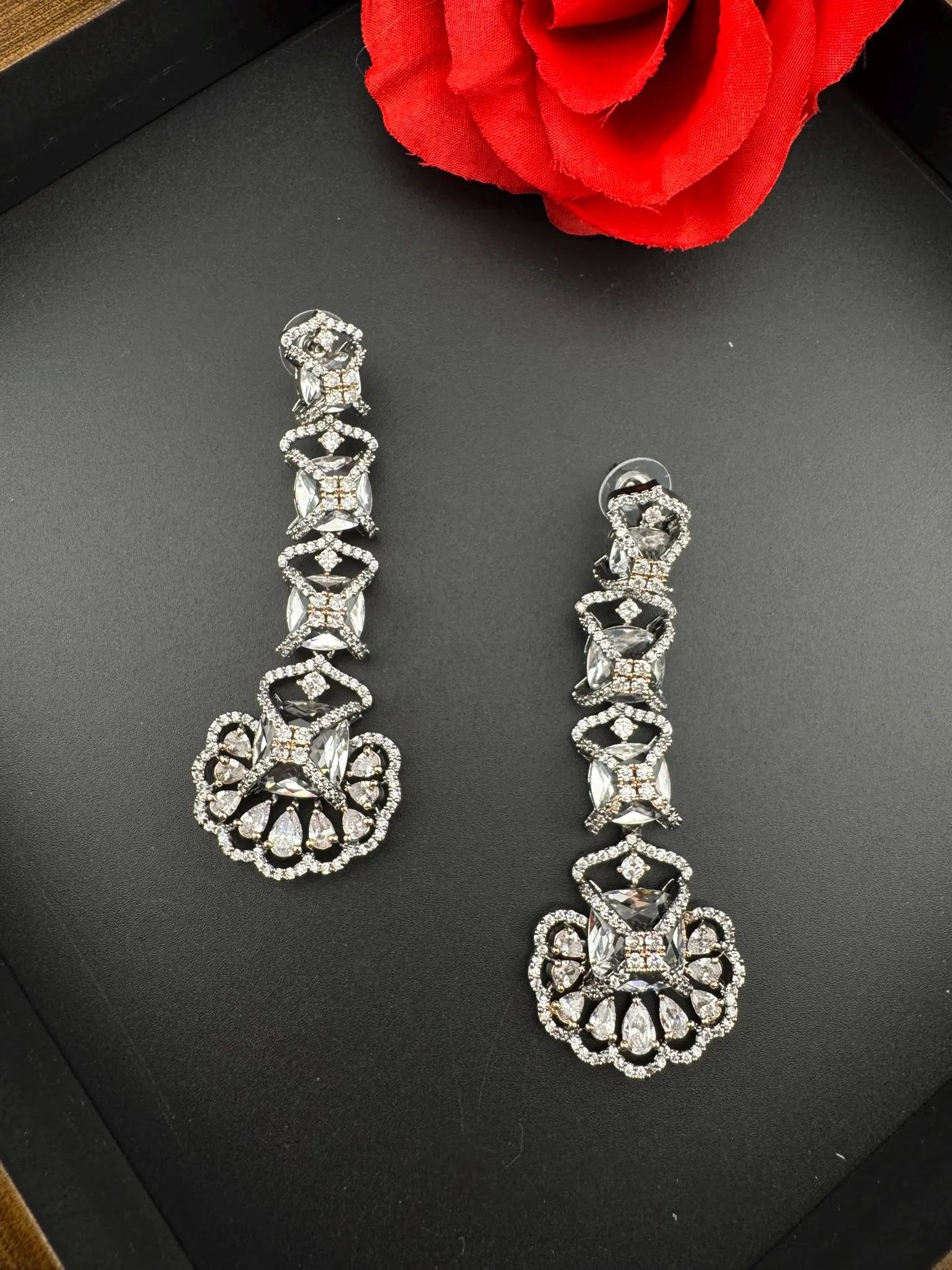 Premium Victorian Rose Gold Nano Setting Cubic Zirconia and Clear stones Long earrings