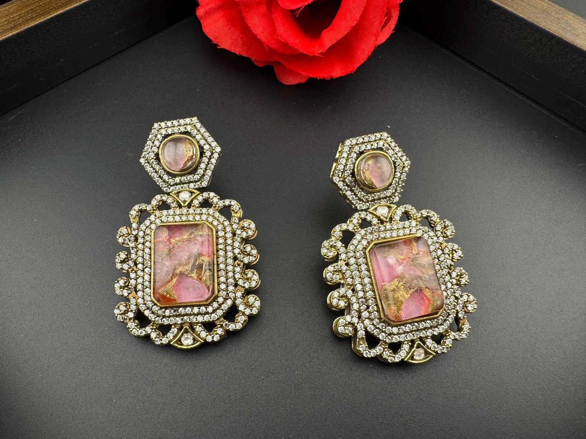 Premium Drop earrings with Marble Doublet stone and cubic zirconia, Gold polish