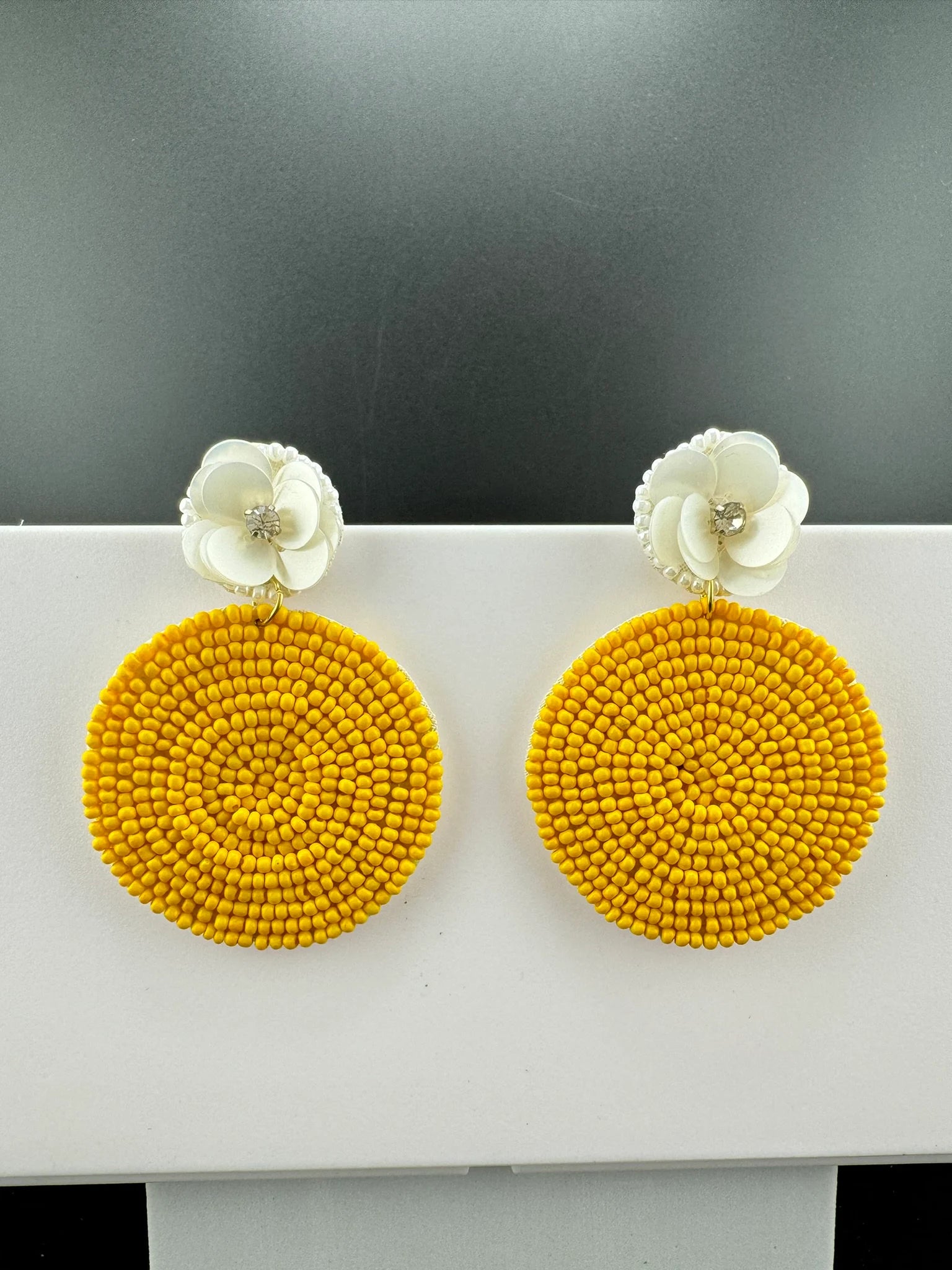 Yellow and white circle Quirky Beaded earrings