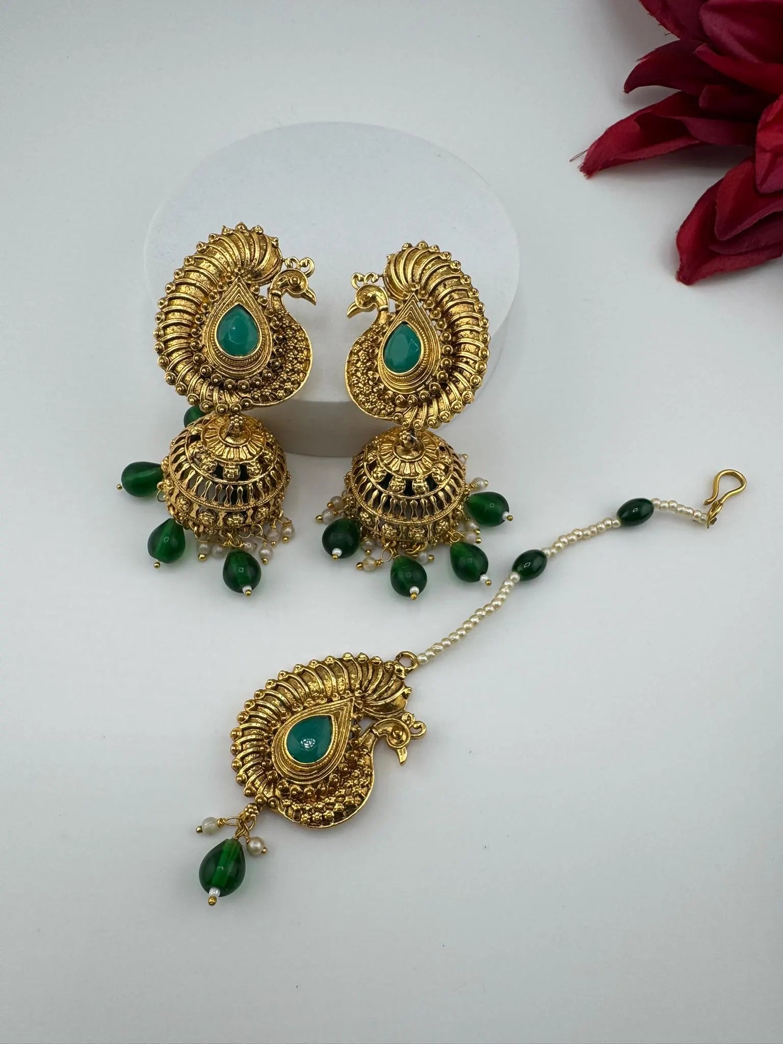 Amrapali inspired Premium Green stones and pearls jhumka, Matt Gold designer earrings