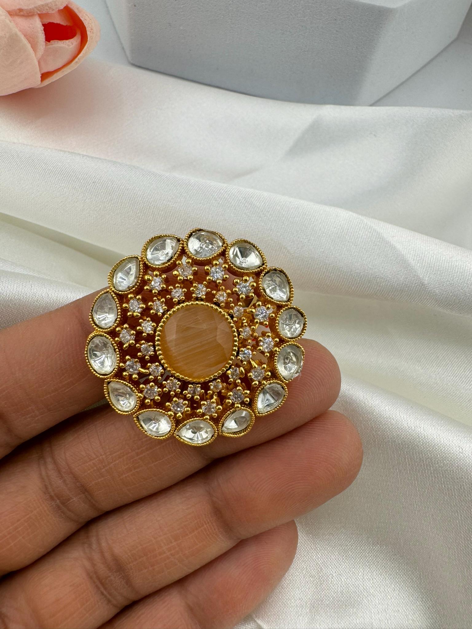 Adjustable Premium Big Finger Ring with Moissanite Kundan and Cubic Zirconia