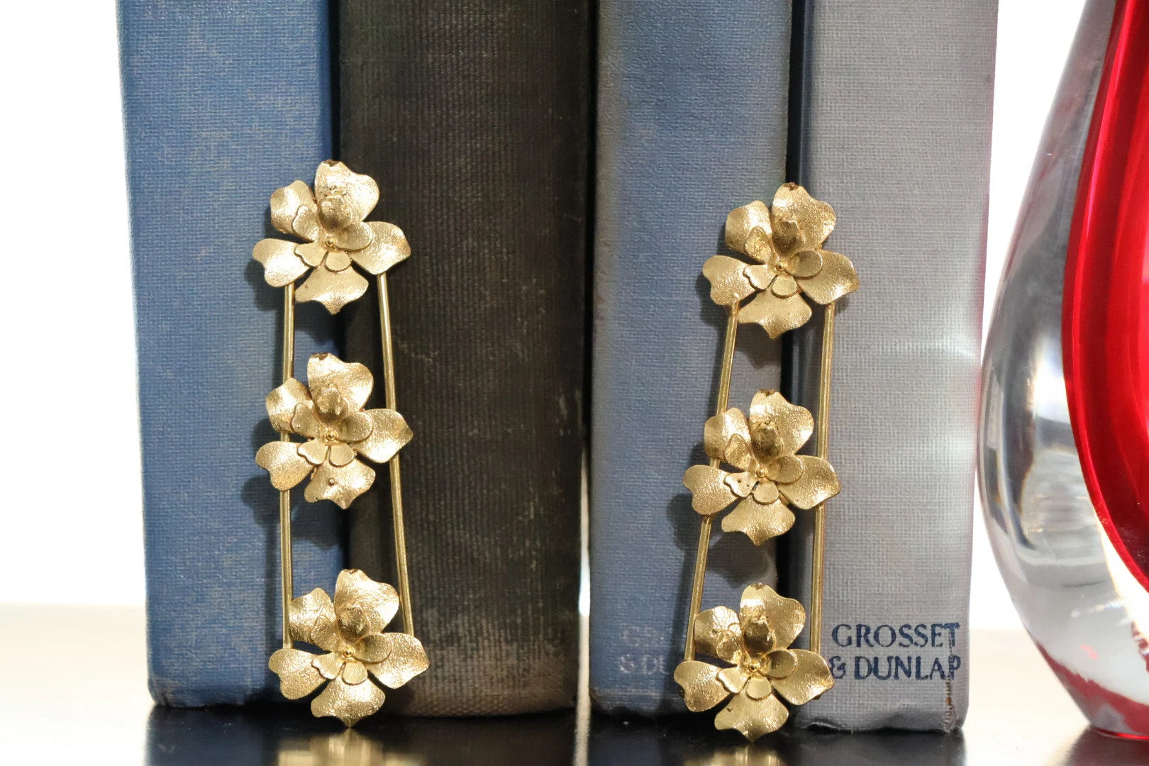 Matt Gold statement Long earrings with unique Flowers design
