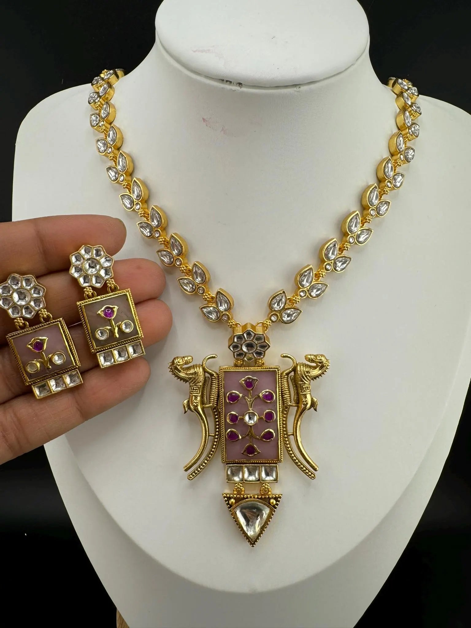 Pink Amrapali Inspired, Premium Quality Inlay work on natural stone long Necklace set