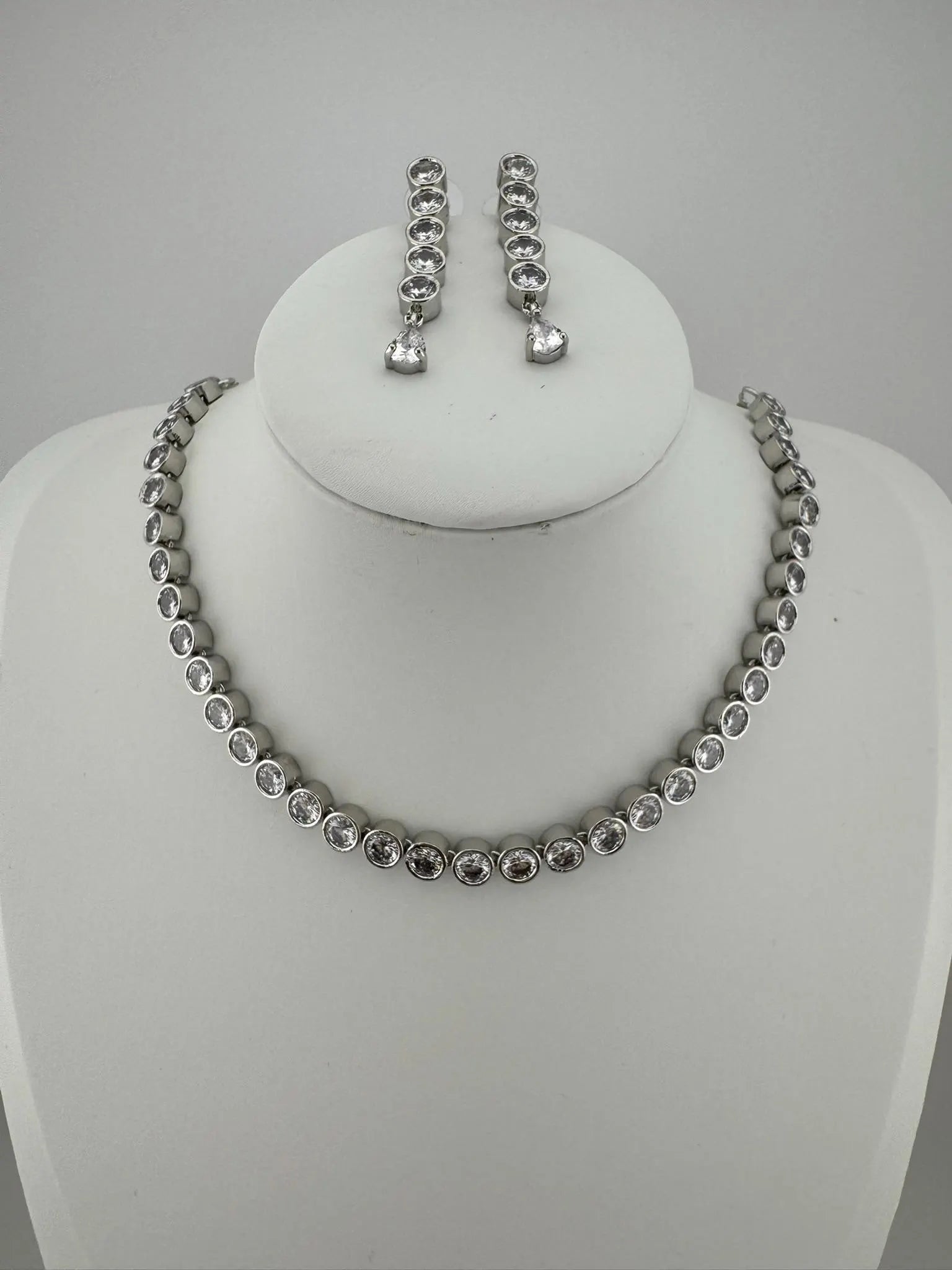 Premium American Diamond, Cubic Zirconia High Shine Sleek Necklace set with long earrings