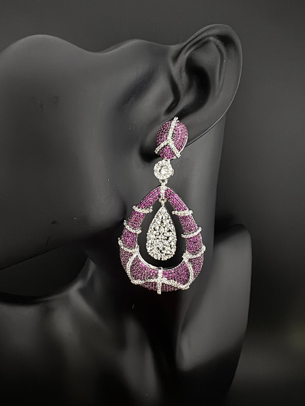 Premium Nano Setting Cubic Zirconia Long earrings in Drop shape, stylish, designer Inspired Statement long earring/Bridal Bridesmaid earring