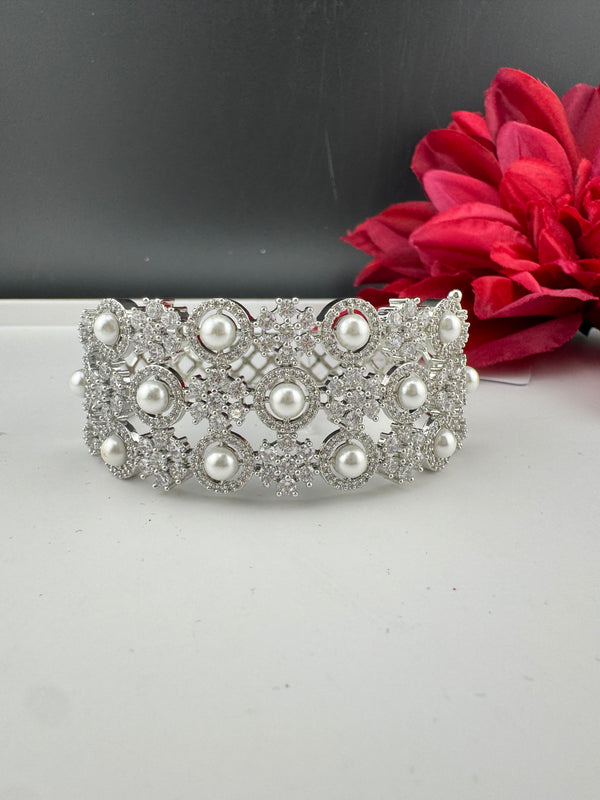 Openable Designer bracelet with Pearls, crystal stones, CZ Nano setting, Fits size upto 2.6"