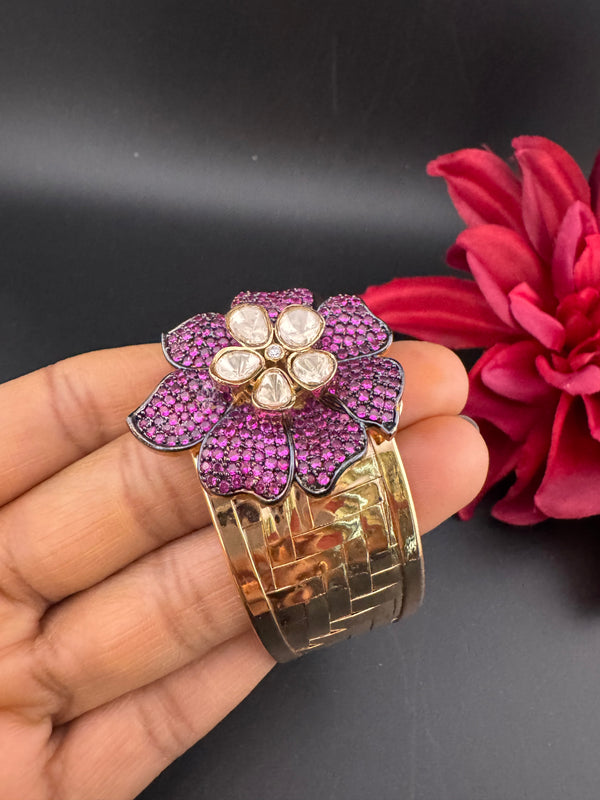 Moissanite Kundan, CZ Nano Setting Cuff Bracelet Bangle, Gold Polish Bangle (Fits 2.6" Diameter)