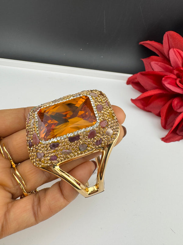 Turkish Jewelry, Crystal, CZ, Stones Oversized Cuff Bracelet Bangle, Gold Polish (Fits 2.6" Diameter)