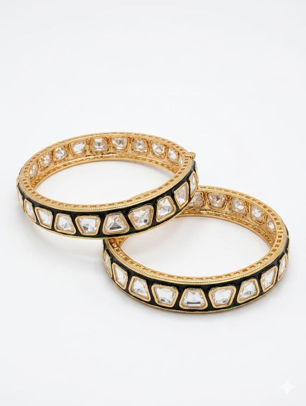 Enamel, Moissanite Kundan, Openable Bracelet Bangle set of 2, Gold Polish