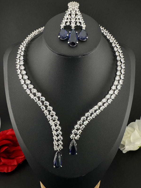 Crystals and CZ Diamond Statement front openable Hasli Necklace Set, Silver Plated Collar set