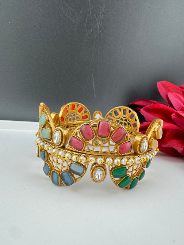Kundan, CZ, colorful stones Bracelet Bangle, Gold Polish Bangle (Fits 2.6" Diameter)
