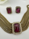 CZ, Mystic doublet stone, Antique gold tone Curb Link chain Choker necklace set with earrings