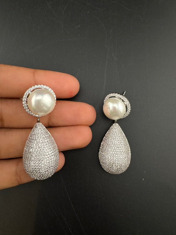 Pearl, Cubic Zirconia, Diamond nano setting, Silver 2 in 1 Dangle earrings, Indian Jewelry