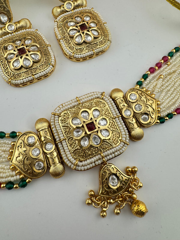 Rajwadi Choker necklace set with earrings, in kundan, pearls, hydro beads, Indian Bridal Jewelry set