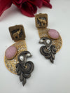 Antique Gold, Oxidized, Carved Stones Chandbali Dangle Earrings, Amrapali inspired Designer jewelry