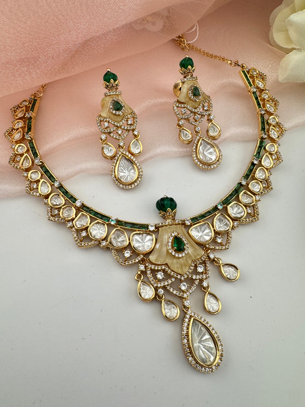 Kundan, Moissanite, MOP, CZ Flexible Gold necklace set, Indian Bridal Jewelry