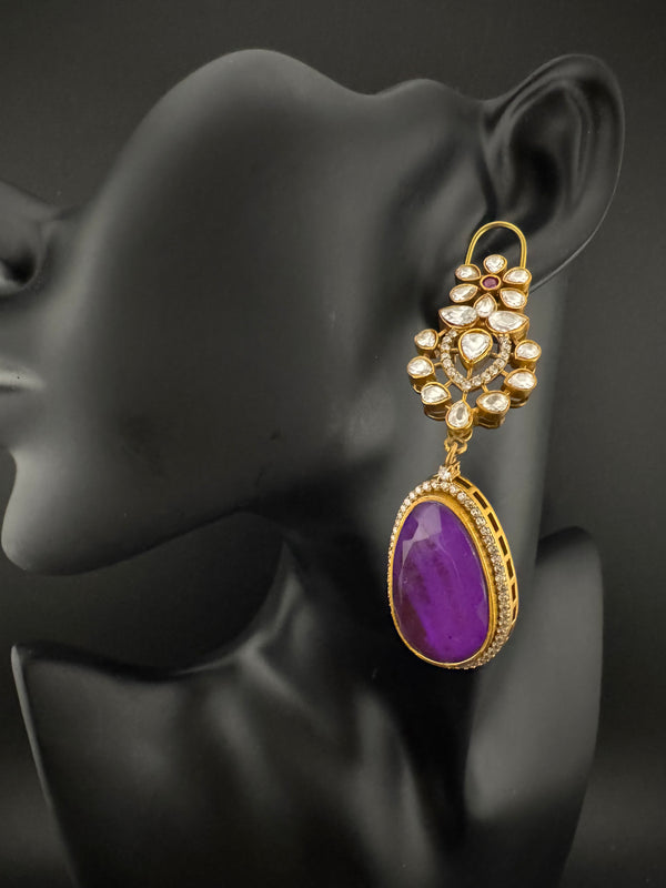 Kundan, CZ, Gold, Doublet Stone Chandelier Long Earrings, Bridal, Moissanite, CZ, Designer jewelry