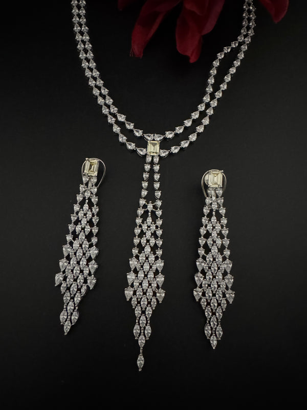 Crystals and CZ Diamond Statement double Layered Necklace Set, White Gold Plated Choker set