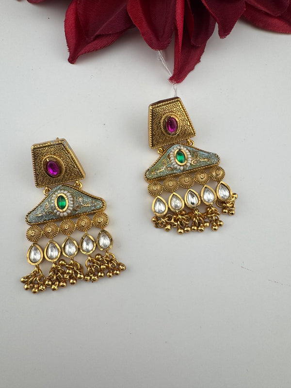 Amrapali inspired Matt Gold, kundan, Turquoise Enamel, ChandBali long Earrings, designer jewelry