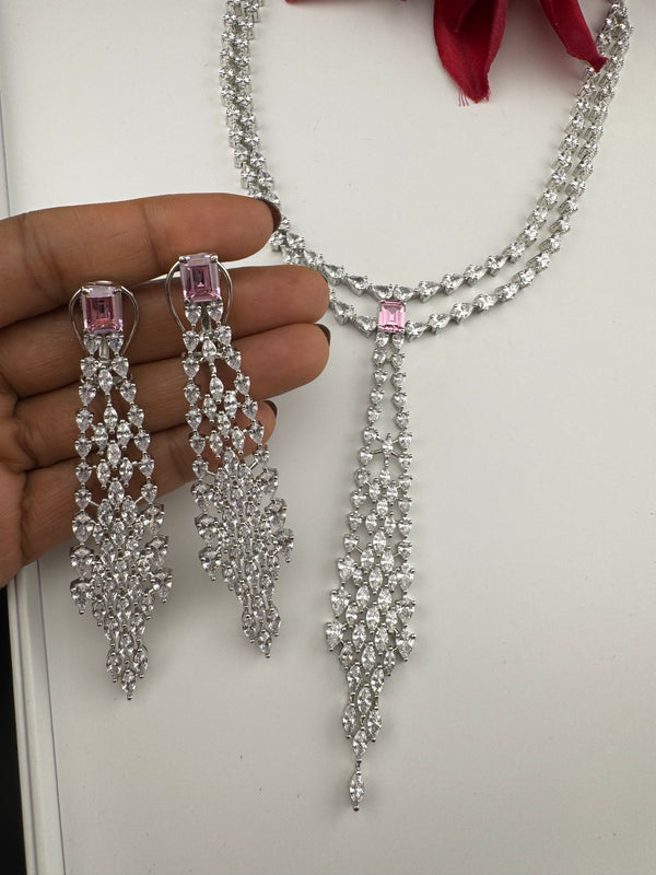 Crystals and CZ Diamond Statement double Layered Necklace Set, White Gold Plated Choker set