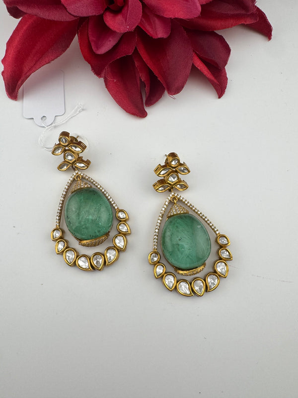 Kundan, CZ, Gold, Doublet Stone Chandelier Long Drop Earrings, Moissanite, CZ, Designer jewelry