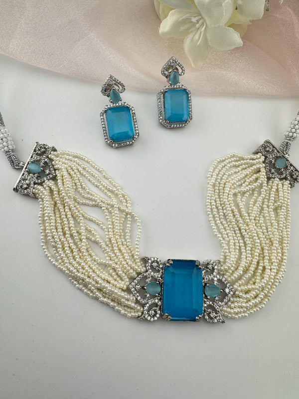 Small Pearls, CZ, Doublet Stones Choker necklace set, Indian Bridal Jewelry, chic set