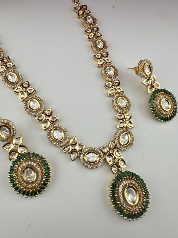 Cubic Zirconia, Kundan, Long Gold Necklace Set, Indian Bridal Rani Haar