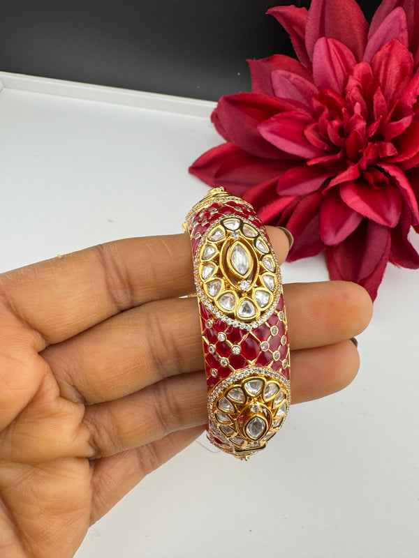 Pchhi Kundan, Moissanite Kundan, CZ Openable Broad Bracelet Bangle, Gold Polish (Fits 2.6" wrists) (Copy)