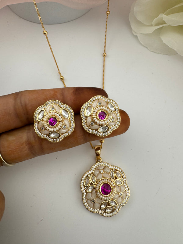 Kundan, Pachi, CZ, Stone Pendant Necklace Set with Matching Earrings, Brass CZ Jewelry