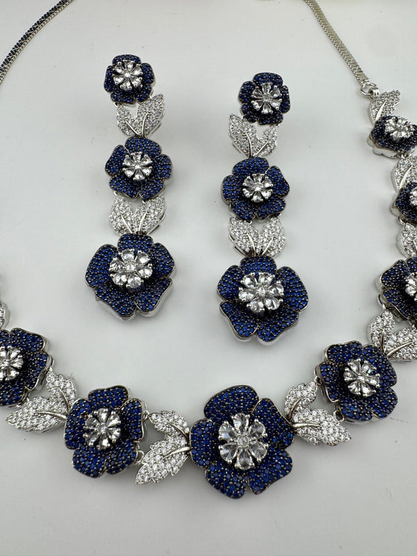 Nano Setting CZ Diamond Statement Necklace Set, White Gold Plated Choker set, nature inspired