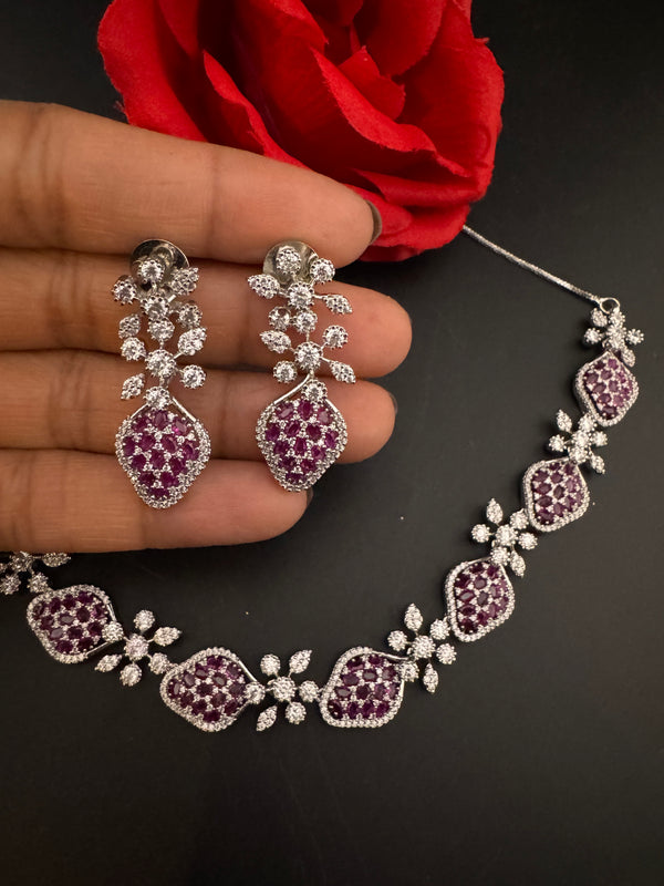 Nano Setting CZ Diamond Statement Ruby Necklace Set, White Gold Plated Choker, 3D nature inspired
