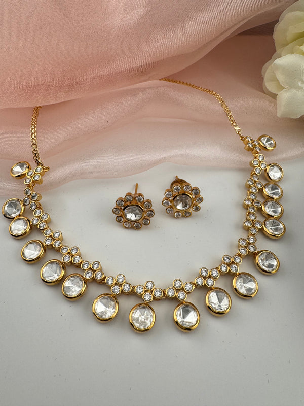Kundan, Moissanite, CZ Sleek Flexible Gold necklace set, Indian Bridal Jewelry