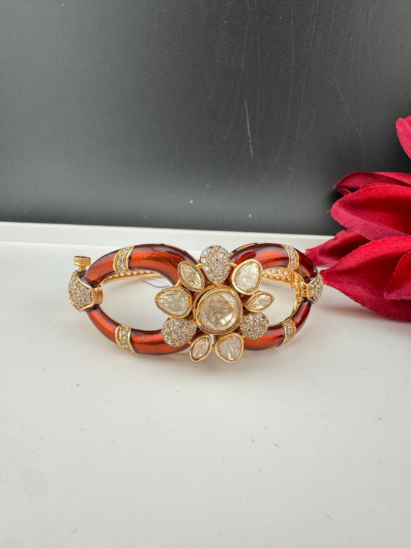 Moissanite Kundan, Enamel, CZ Adjustable Bracelet Bangle, Gold Polish Designer Bangle