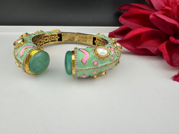 Moissanite Kundan, Enamel, CZ Adjustable Bracelet Bangle Kada, Gold Polish Designer Bangle