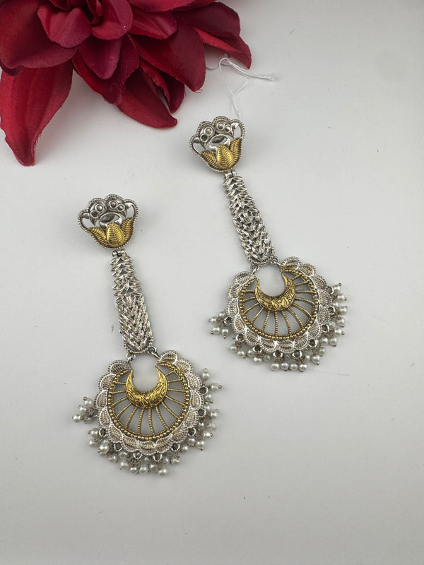 Oxidized Silver and Gold ChandBali Very long Earrings, designer jewelry