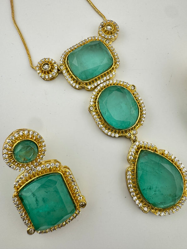 Doublet Stone Pendant Necklace Set with Matching Earrings, Brass CZ Jewelry