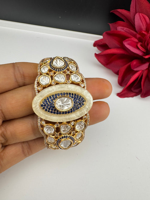 Moissanite Kundan, MOP, CZ Adjustable Bracelet Bangle, Gold Polish Designer Bangle