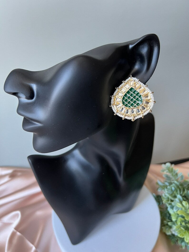 Green Gold Minakari Pearls and kundan Studs earrings