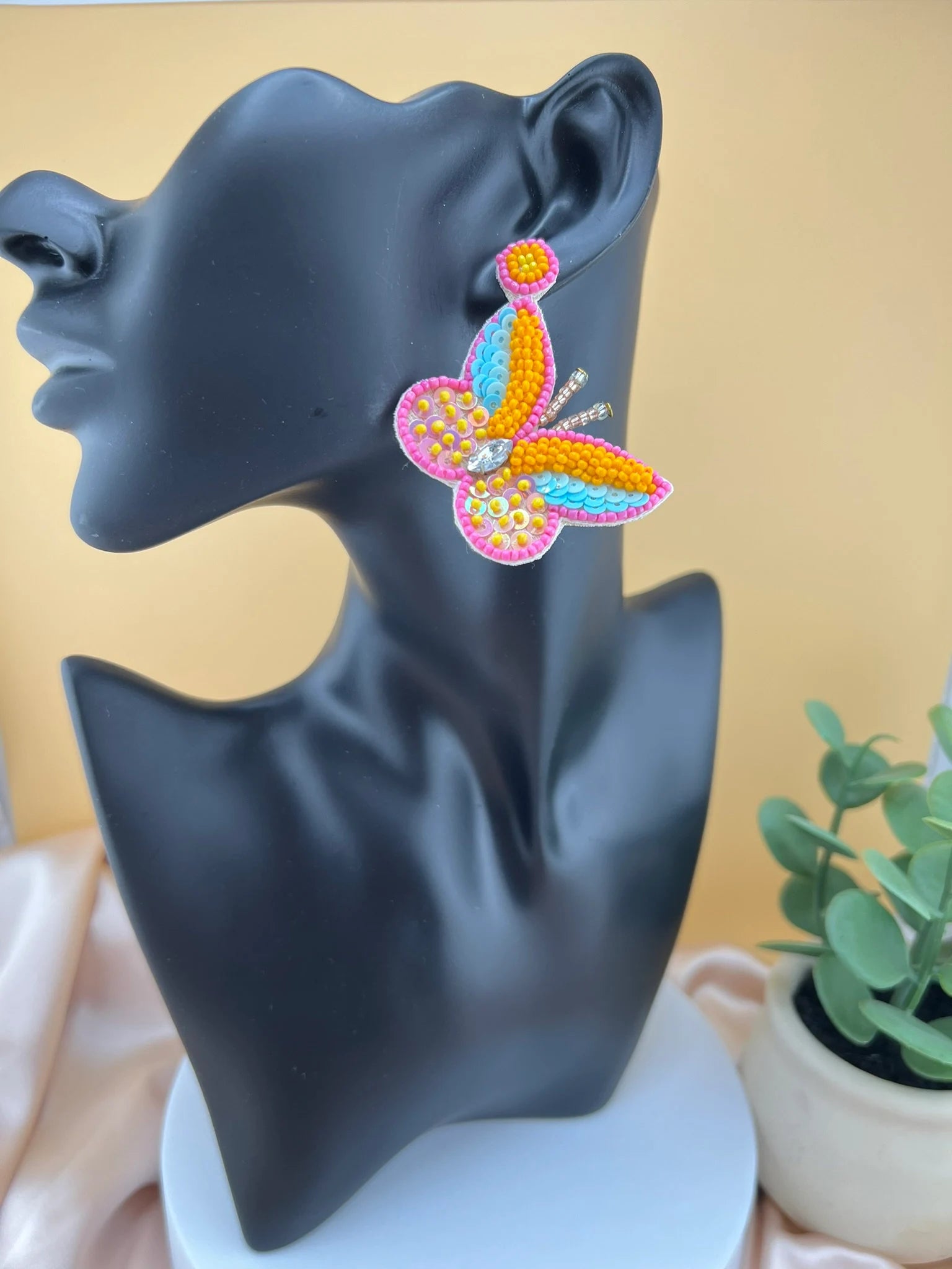 Pastel Orange Butterfly quirky Beaded earring, Handmade earrings