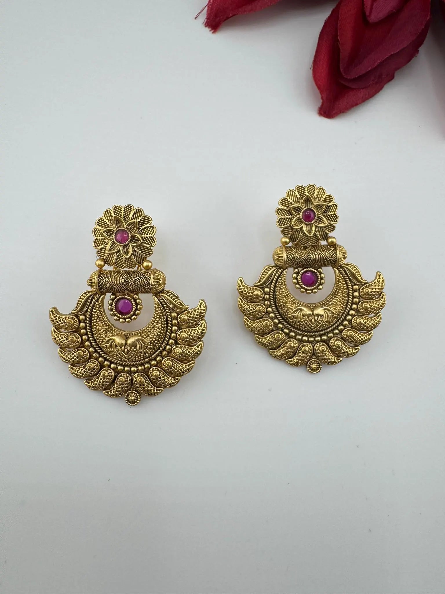 Premium Ruby and Pachi kundan Chand Bali in Matt Gold and Pearls is Amrapali inspired designer earrings