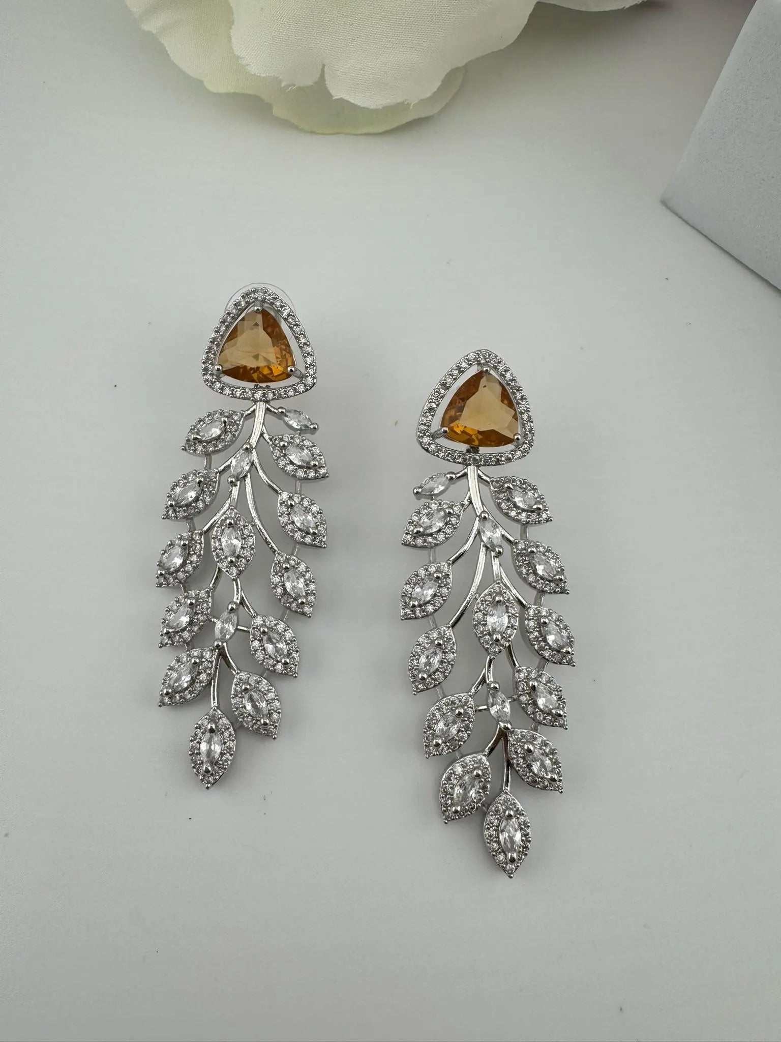 Leaf style Premium Cubic Zirconia, Crystal, Natural stone in silver color Long earrings