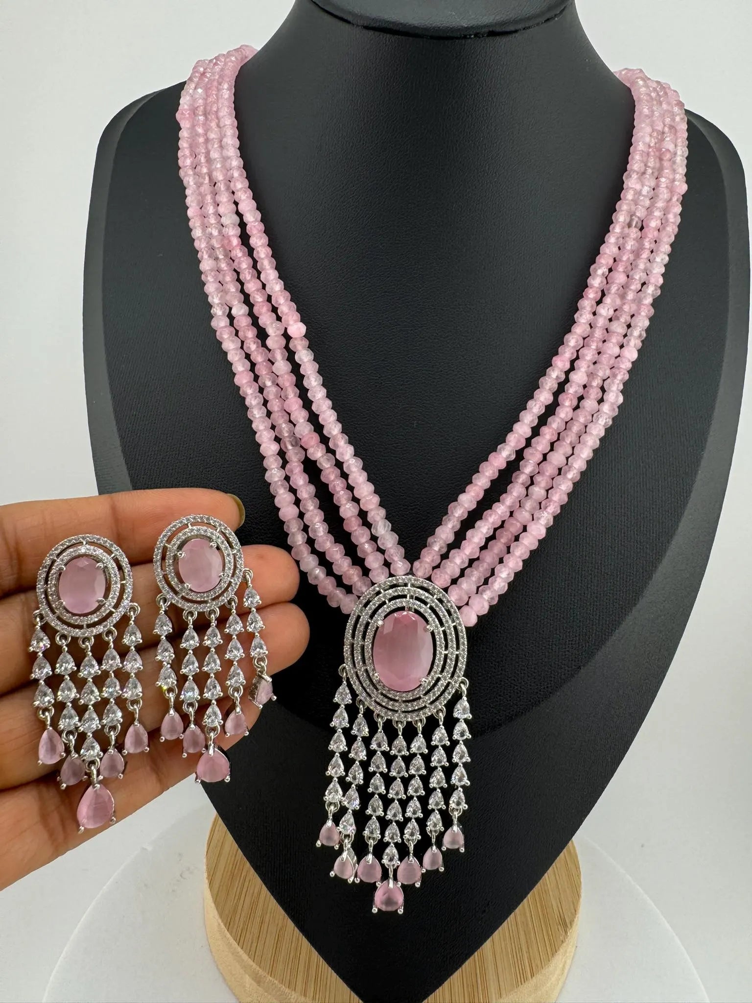 Premium Long necklace, Rani Haar with CZ pendant, natural stones and onyx beads Long Necklace set