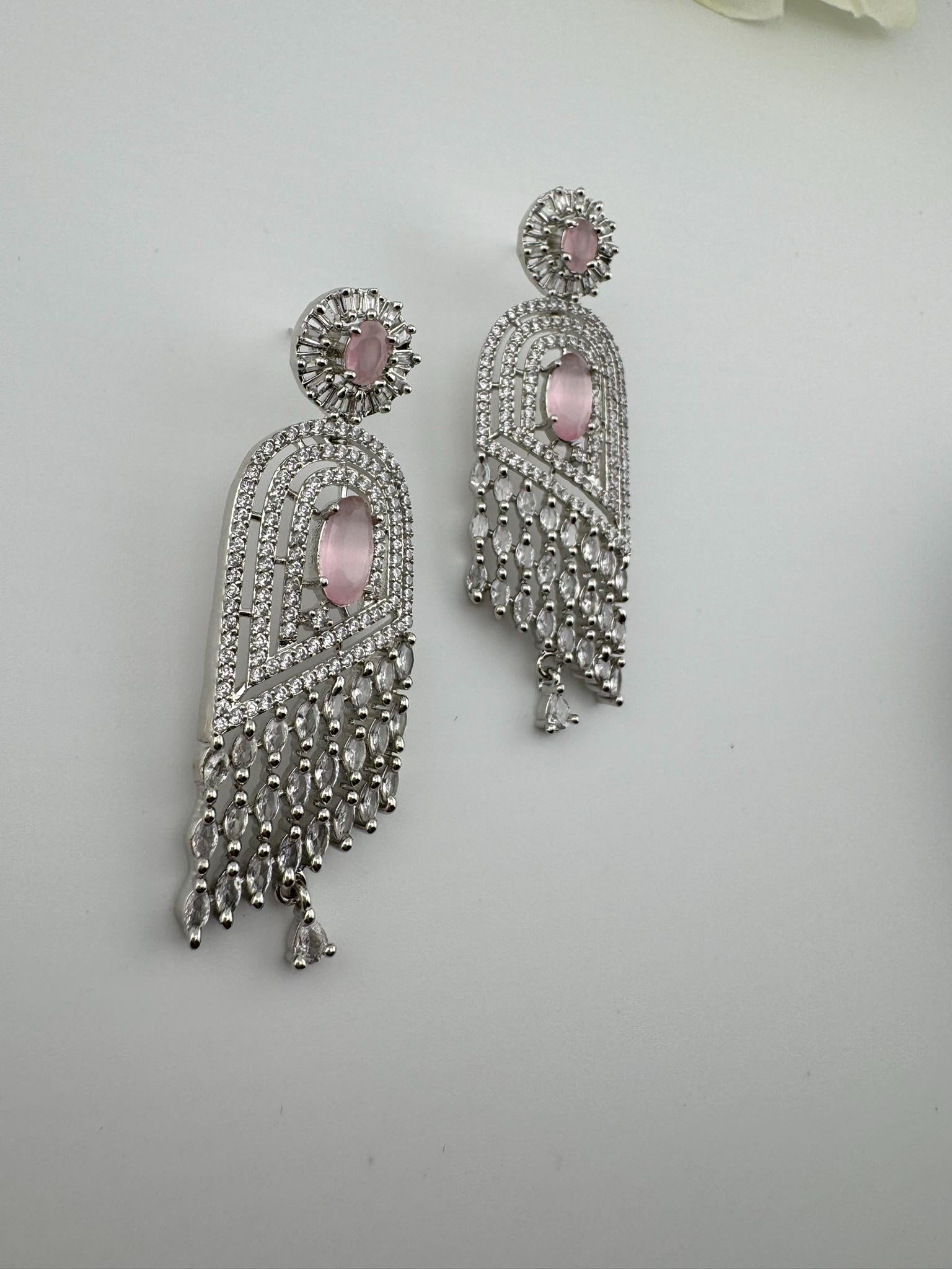 Pink Premium silver color Cubic Zirconia and Natural stone Long earrings