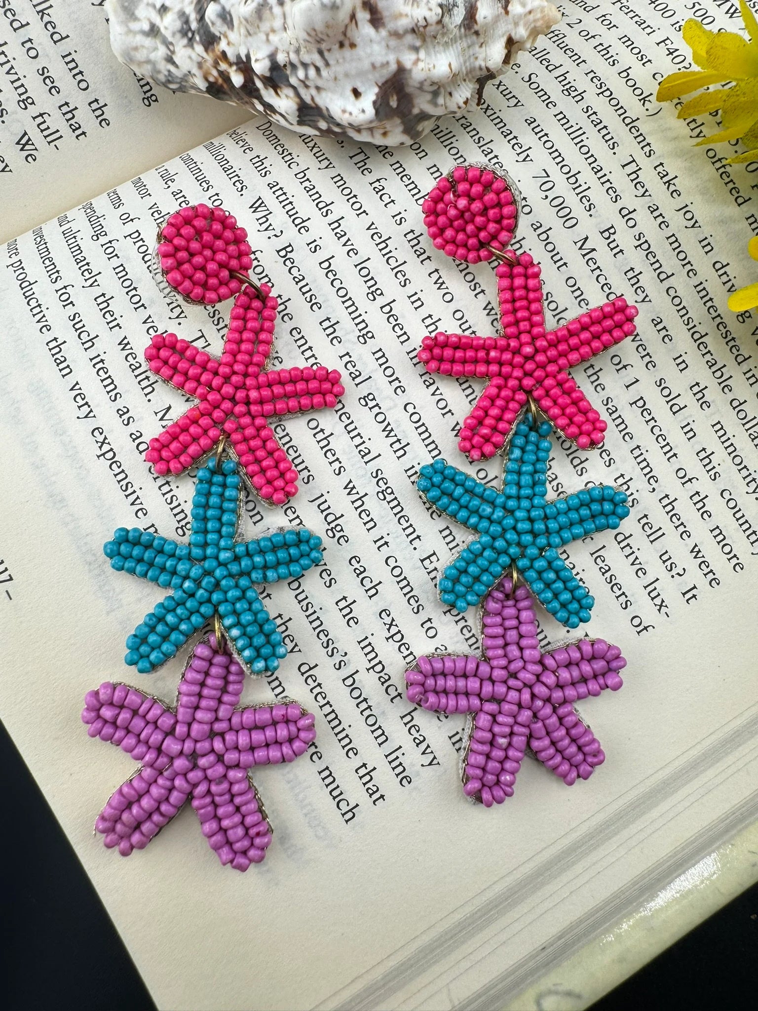 Beaded Multicolor long three star quirky earrings / Handmade earrings