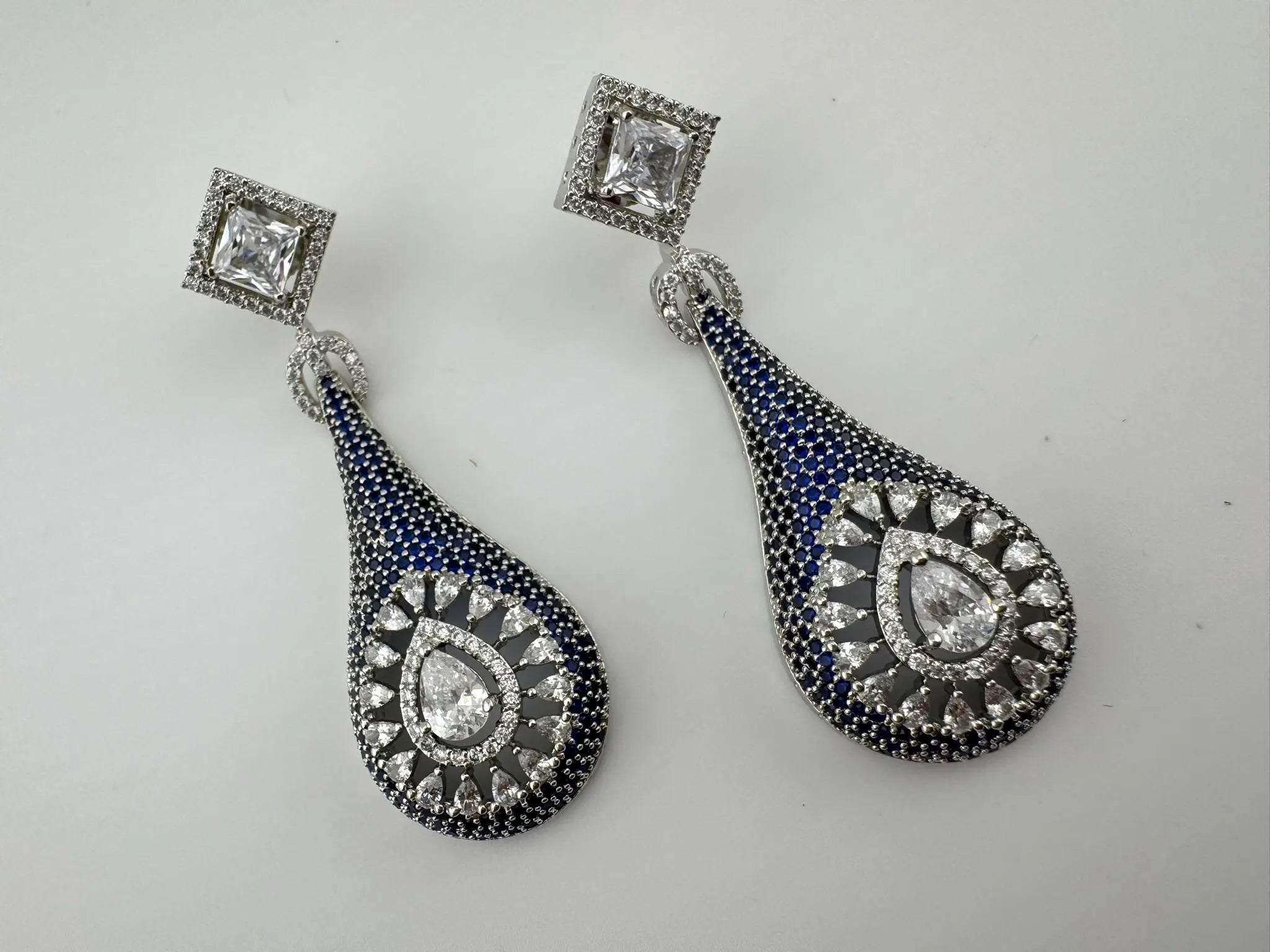 Blue Premium Nano Setting Cubic Zirconia Long Drop earrings with Clear crystal stones