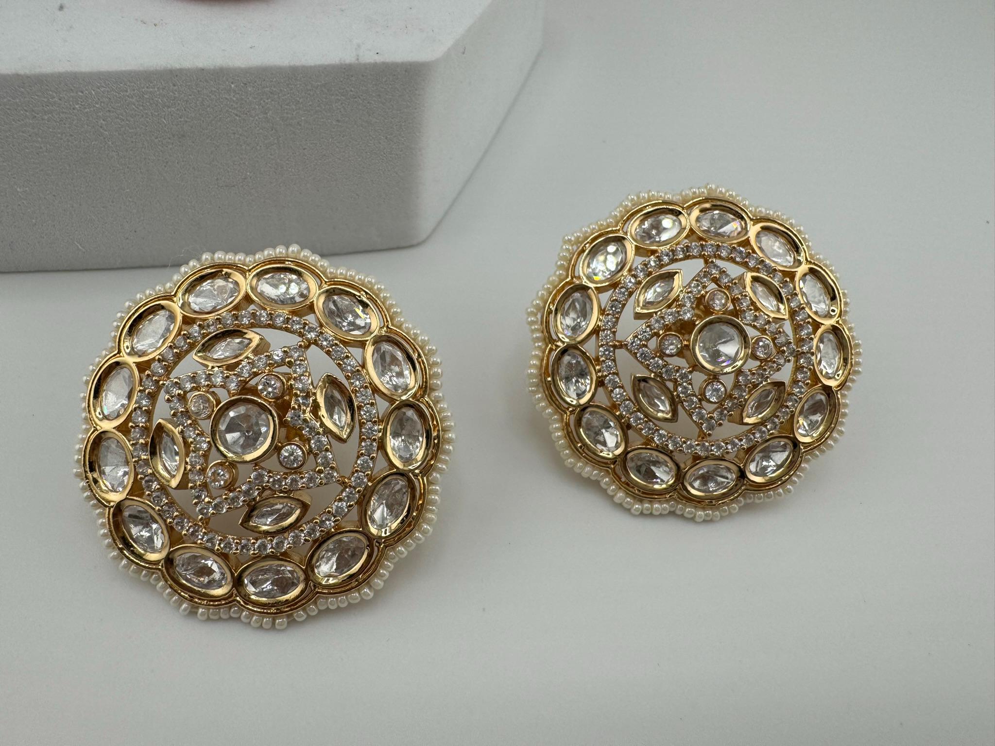 Tyaani inspired Designer Premium Moissanite Kundan and CZ  Big studs earrings
