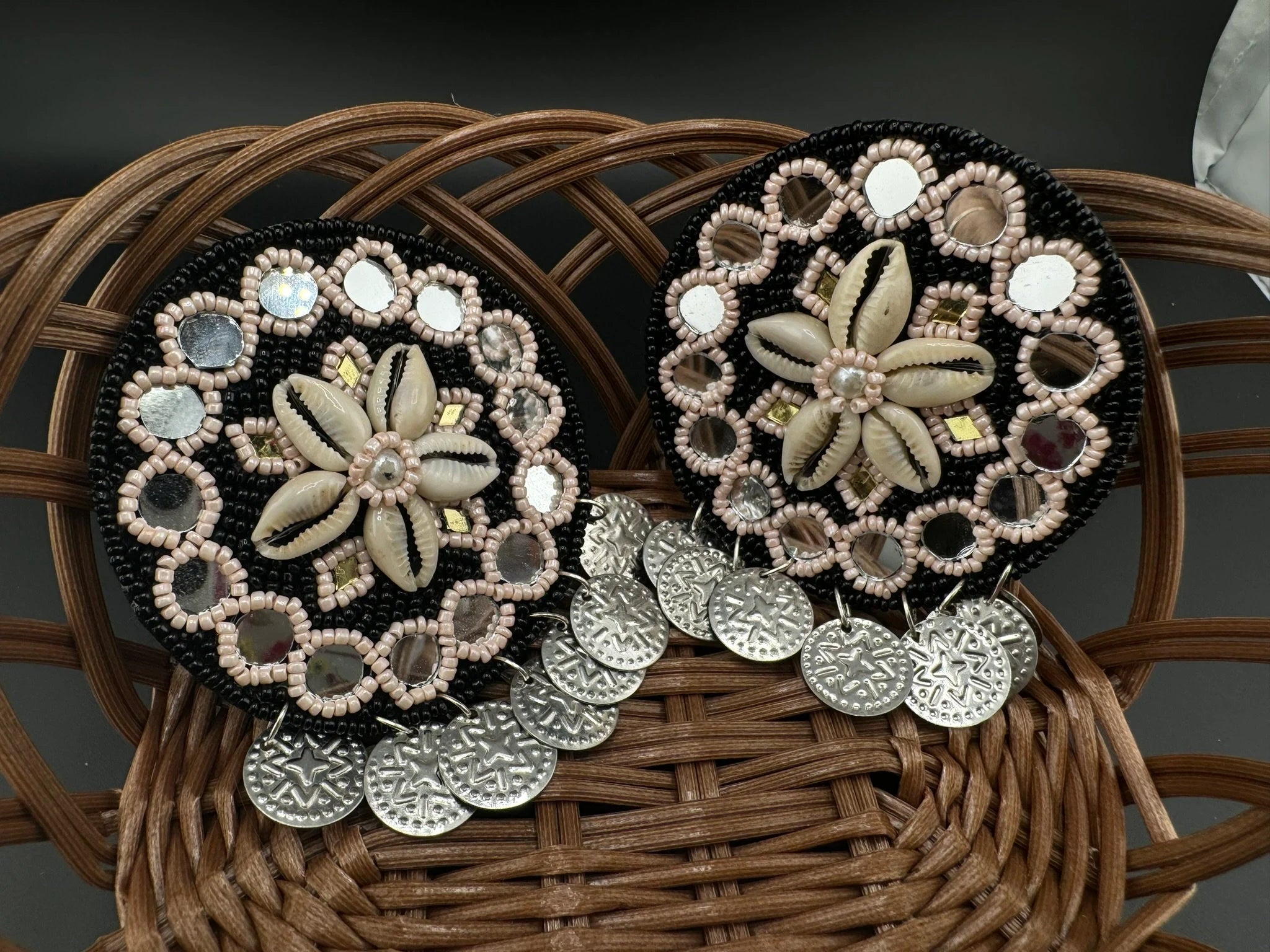 Black Beaded Mirror and Shell Oversized Stud earrings, cowrie/cowri Jewelry